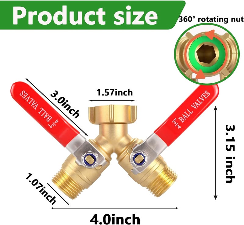 CbeeSo Brass Garden Hose Splitter 2 Way Heavy Duty, Y Valve Hose Splitter With Stainless Steel Long Handle, 3/4" GHT Thread Y Valve Water Garden Hose Tap Adapter - Image 2